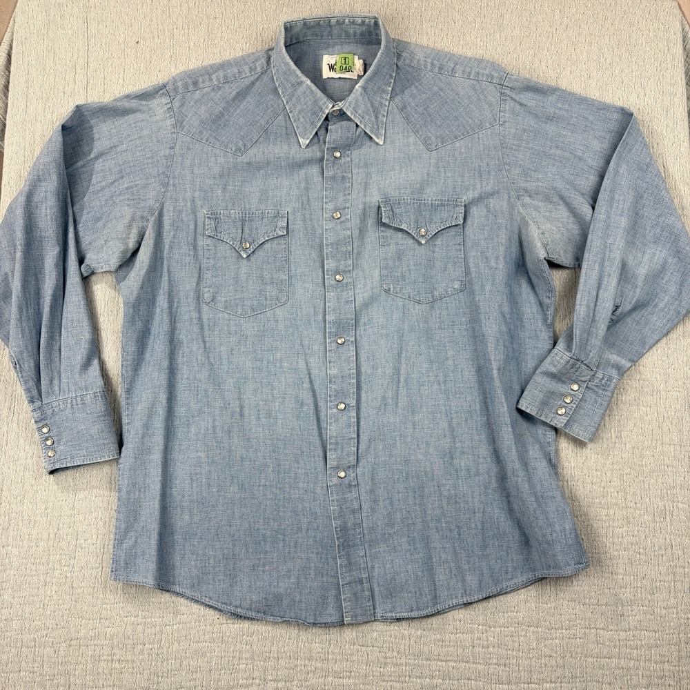 Vtg 1970s Woolrich Denim Pearl Snap Sz XL‎ Rockabilly Western Retro Disco Shirt
